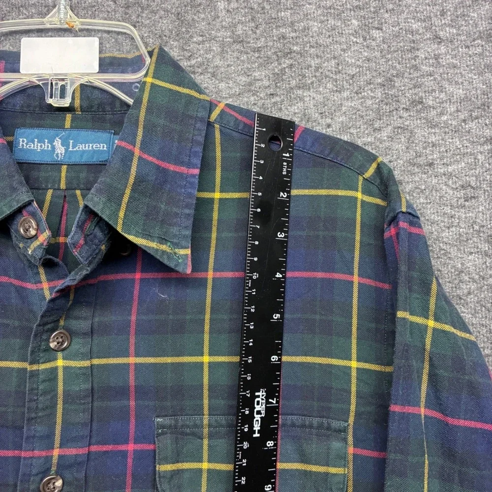 Polo Ralph Lauren Mens Large Plaid Button Down Shirt Pockets Navy Green Yellow L